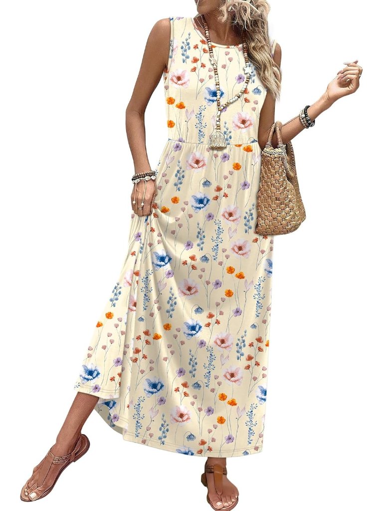 Women Butter Yellow Pull On A Line Sleeveless Sundresses Pockets Maxi Dresses